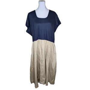 Vintage 80s Cap Sleeve Drop Waist Two Tone Dress Womens Size 2XL Khaki Black